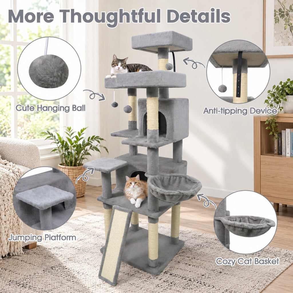 Airfind 65 Inch Tall Multi-level Cat Tree with 3 Upholstered Perch and 2 Cat Condos, Fabric Sisal Engineered Wood Overall Height 65 Inch Base Frame