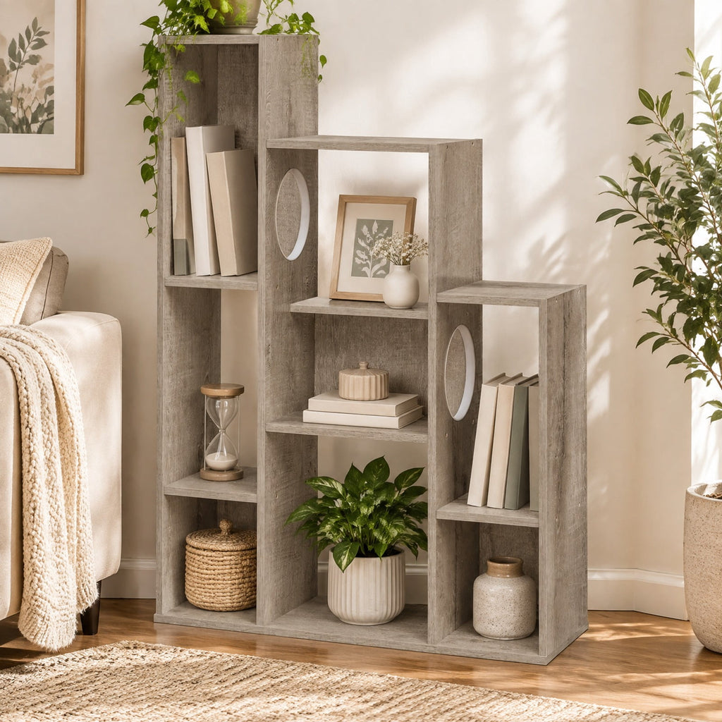 Airfind Modern Cat Bookshelf Cat Tree 8-Section Storage Cabinet with 2 Round Holes, 22 lbs Capacity, Engineered Wood Frame, Brown