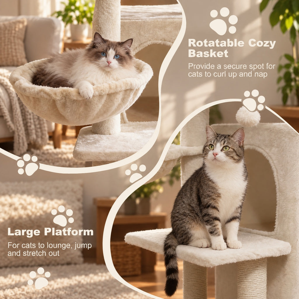 Airfind 33.5 Inch Cute Kitten Tower with 2-Tier Condo and Padded Top Perch, 22 lbs Capacity, Engineered Board Sisal Plush Fabric PP Polyester Frame