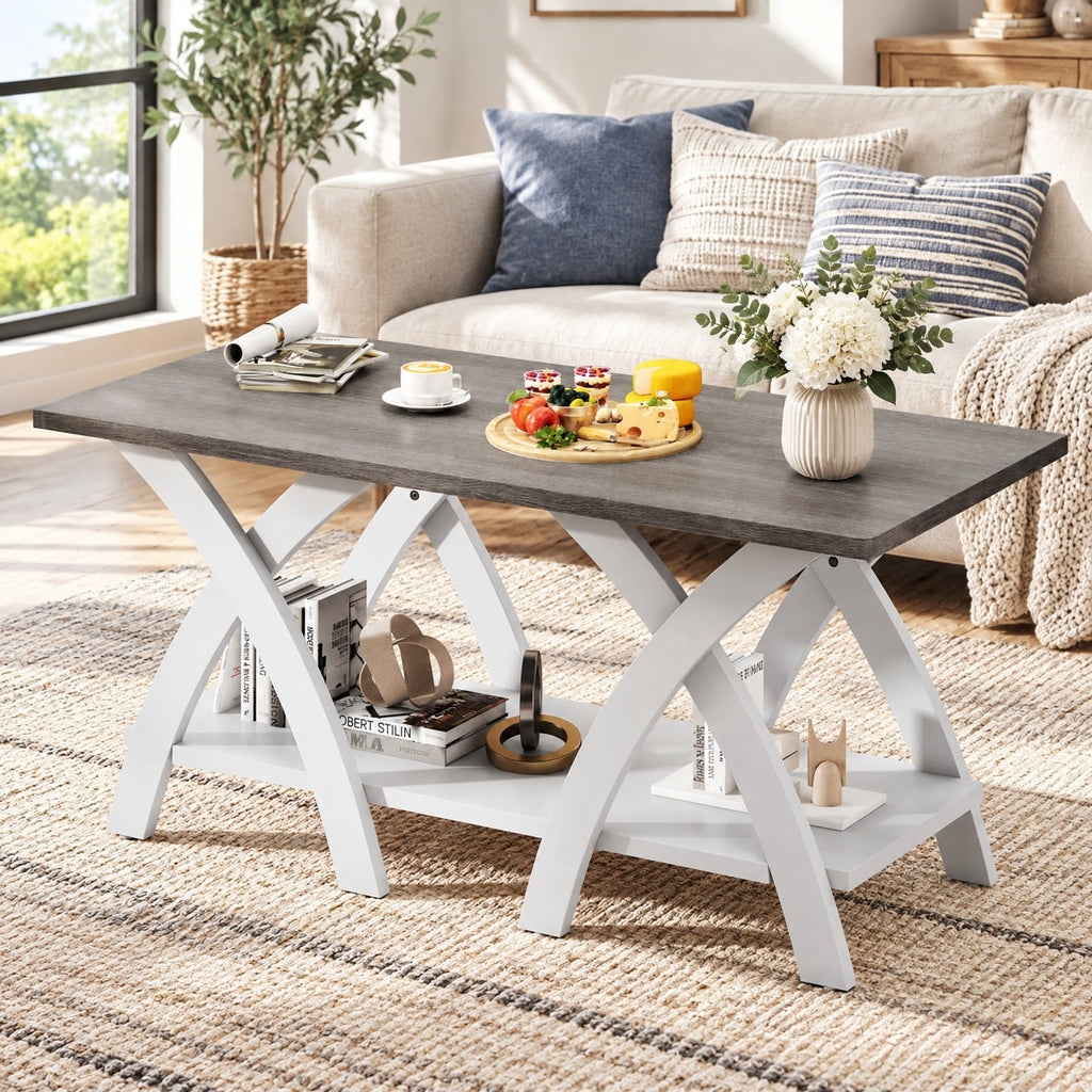 Airfind 40 Inch Farmhouse Wooden Coffee Table with Storage Shelf with X-shaped Legs, 155 lbs Capacity, Rubber Wood Plywood MDF Frame, Gray