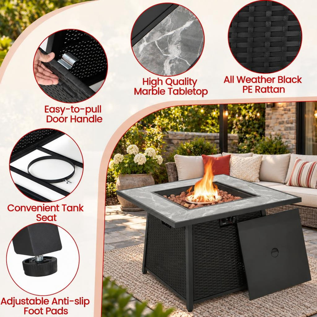 Airfind 35 Inch Propane Gas Fire Pit Table Wicker Rattan with Lava Rocks PVC Cover, 330 lbs Capacity, Steel stainless steel marble PE rattan Frame