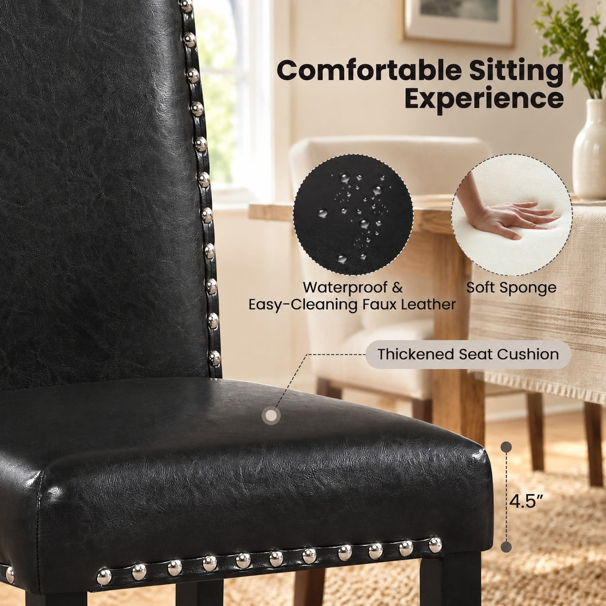Airfind Set of 2 Dining Chairs with Solid Rubber and Wood Legs, Chair 400 lbs Capacity, Rubber Wood Bent Wood PVC Leather Sponge MDF Frame, Wood
