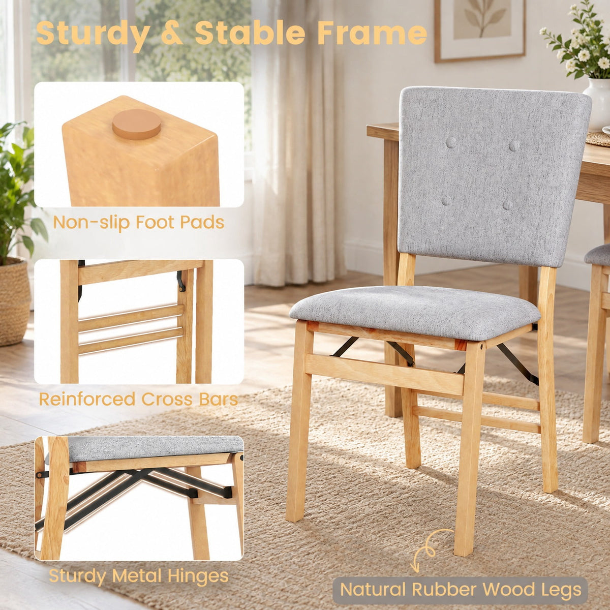Airfind Foldable Dining Chair Set of 2 Armless Kitchen Chair with Padded Seat and Tilt Backrest, Rubber Wood MDF Sponge Linen Fabric Frame, Gray