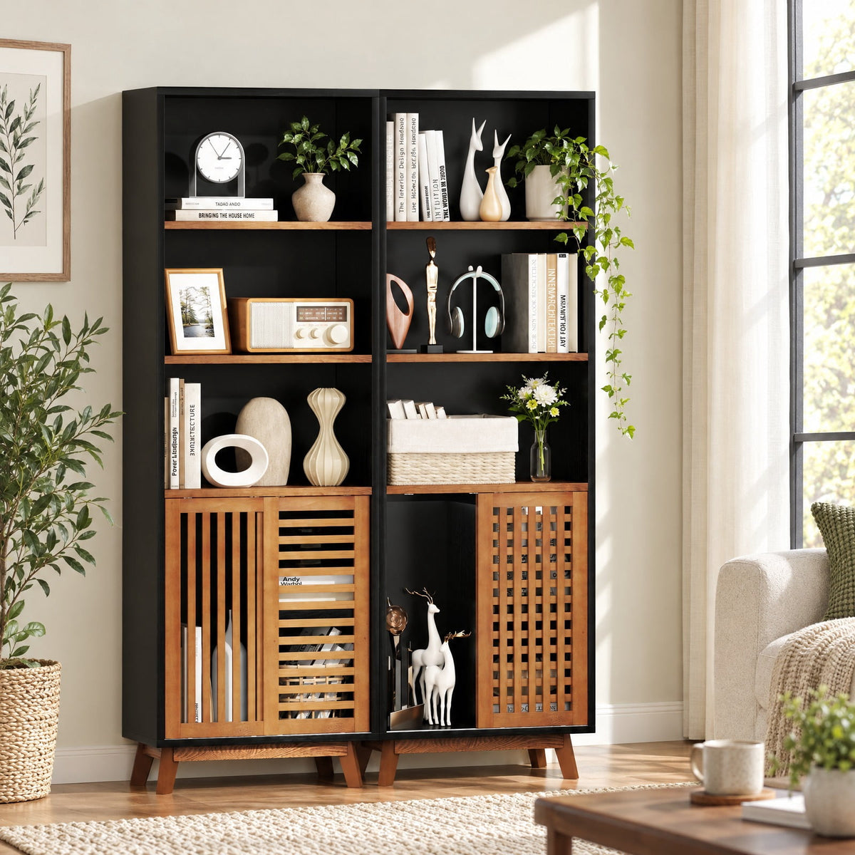 Airfind 70 Inch 5-Tier Bookshelf with Reversible Adjustable Shelf, 44 lbs Capacity, Solid Wood MDF Engineered Wood Aluminum Alloy Frame, Black