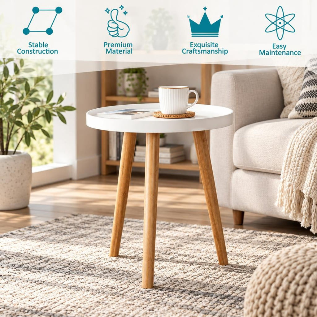 Airfind Round Side Sofa Coffee Table with Wooden Tray, 33 lbs Capacity, MDF panel bamboo feet Frame, White