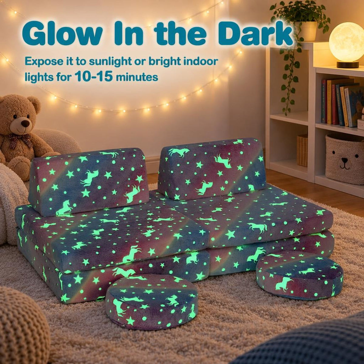 Airfind Play Couch Set, Modular Youth, Glow in the Dark with Portable Handles, Flannel Fabric Sponge Frame, for 3+ Years Old, Natural