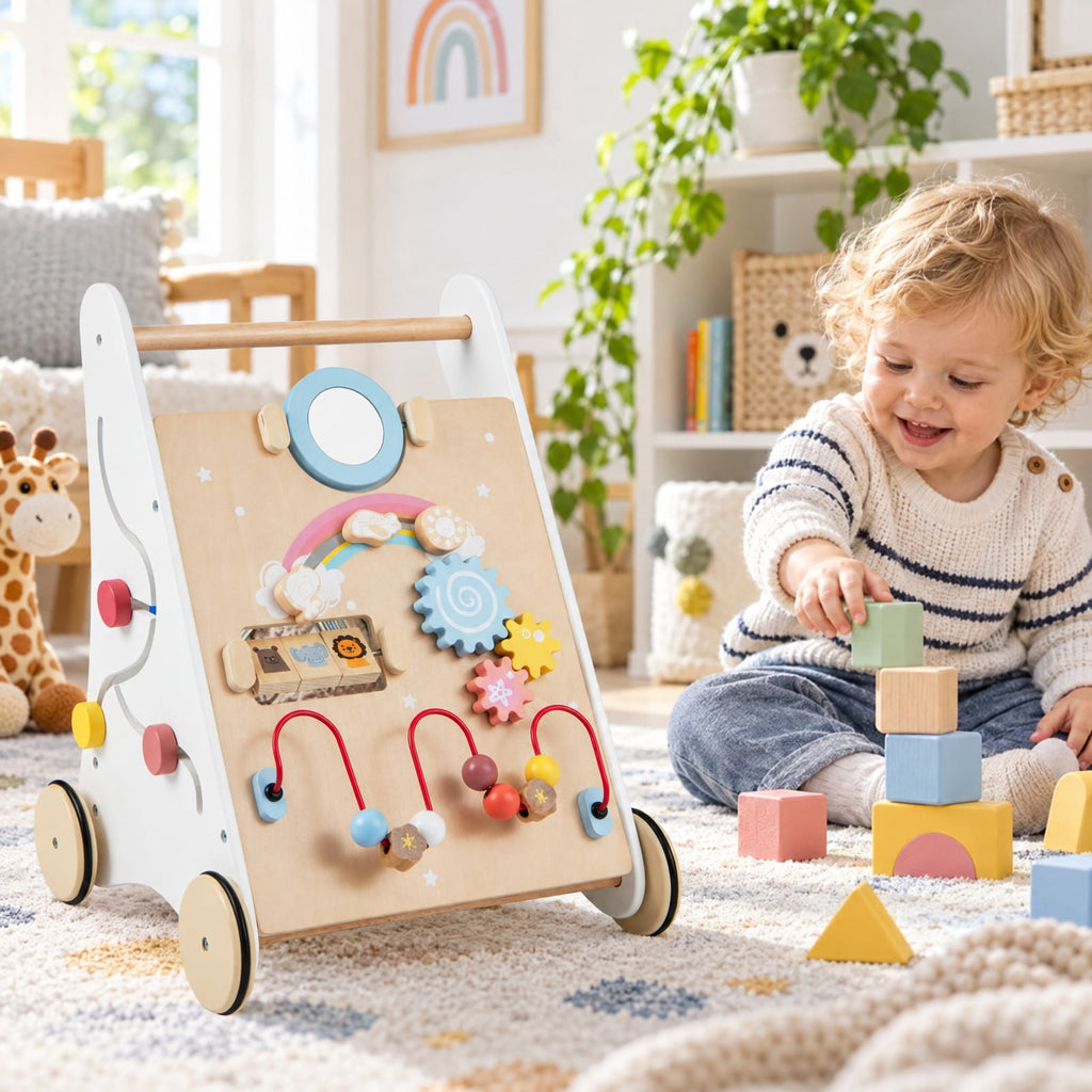 Airfind Wooden Youth Activity Walker with Multiple Play Features, Basswood Frame, Suitable for Ages 12 Months and Up, 13.5 Inch x 13 Inch x 17.5 Inch, Unspecified