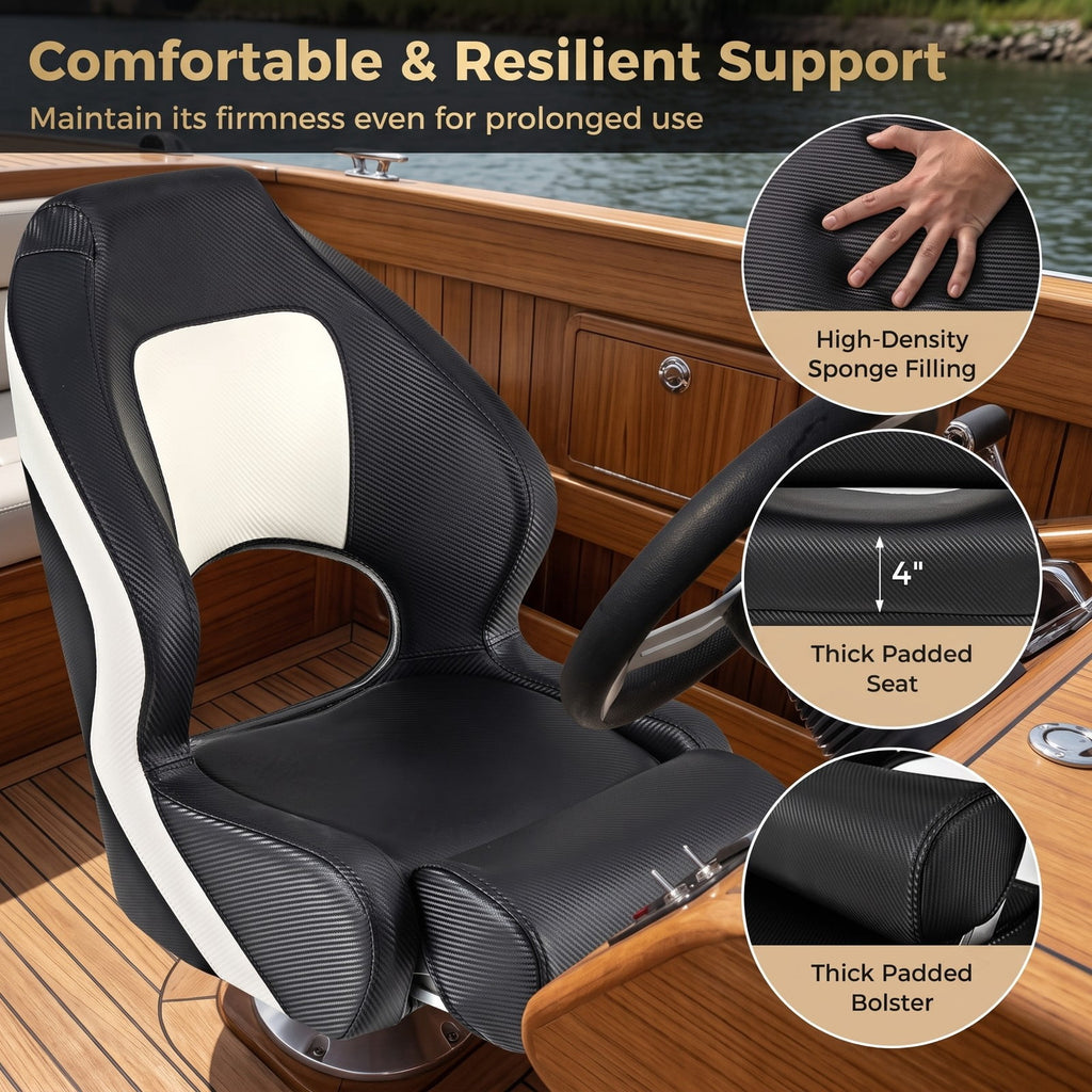 Airfind Captain Bucket Boat Seat with Flip Up Bolster and Curved Armrests for Cabin and Sightseeing Boats, Black and White
