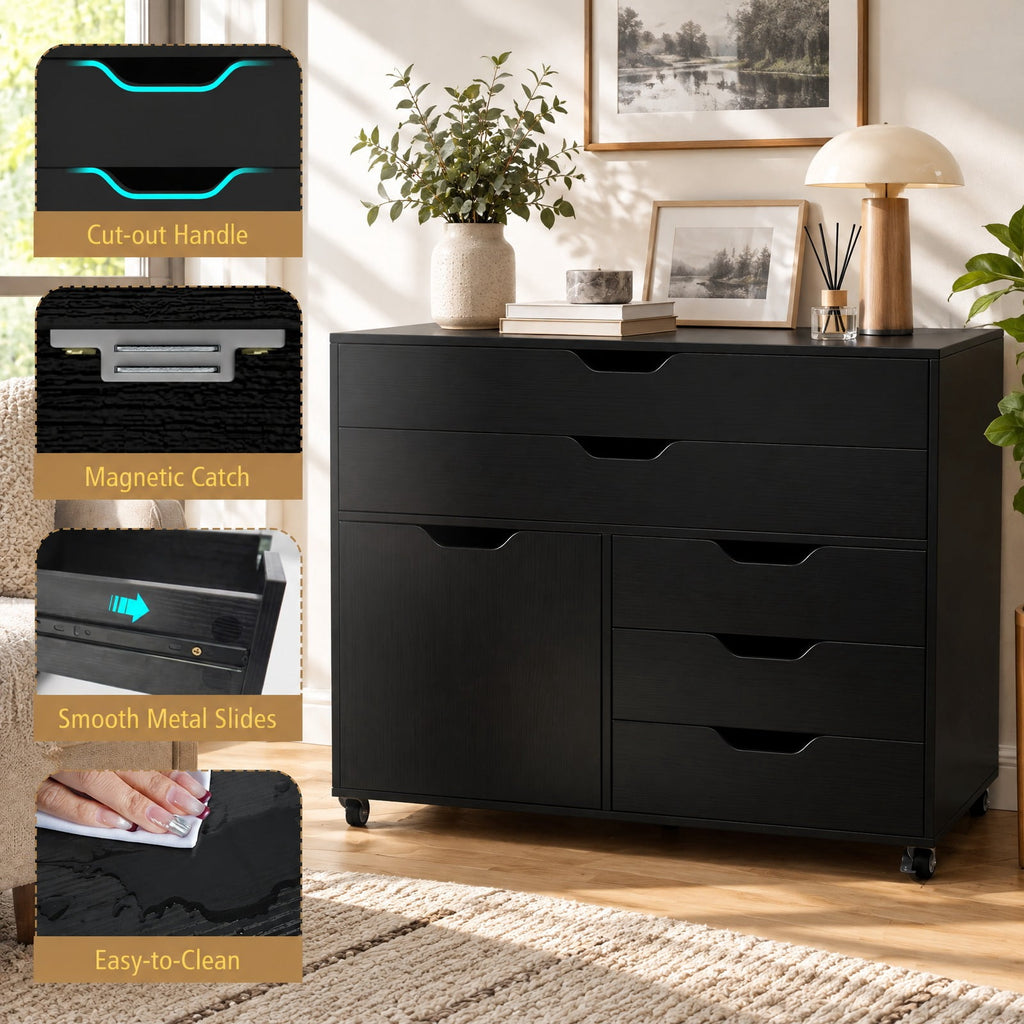 Airfind Modern Vertical 5-Drawer Mobile Chest with Door 5 Casters, 220 lbs Capacity, Engineered Wood MDF Metal Frame, 30.5in x 16in x 25in Footprint