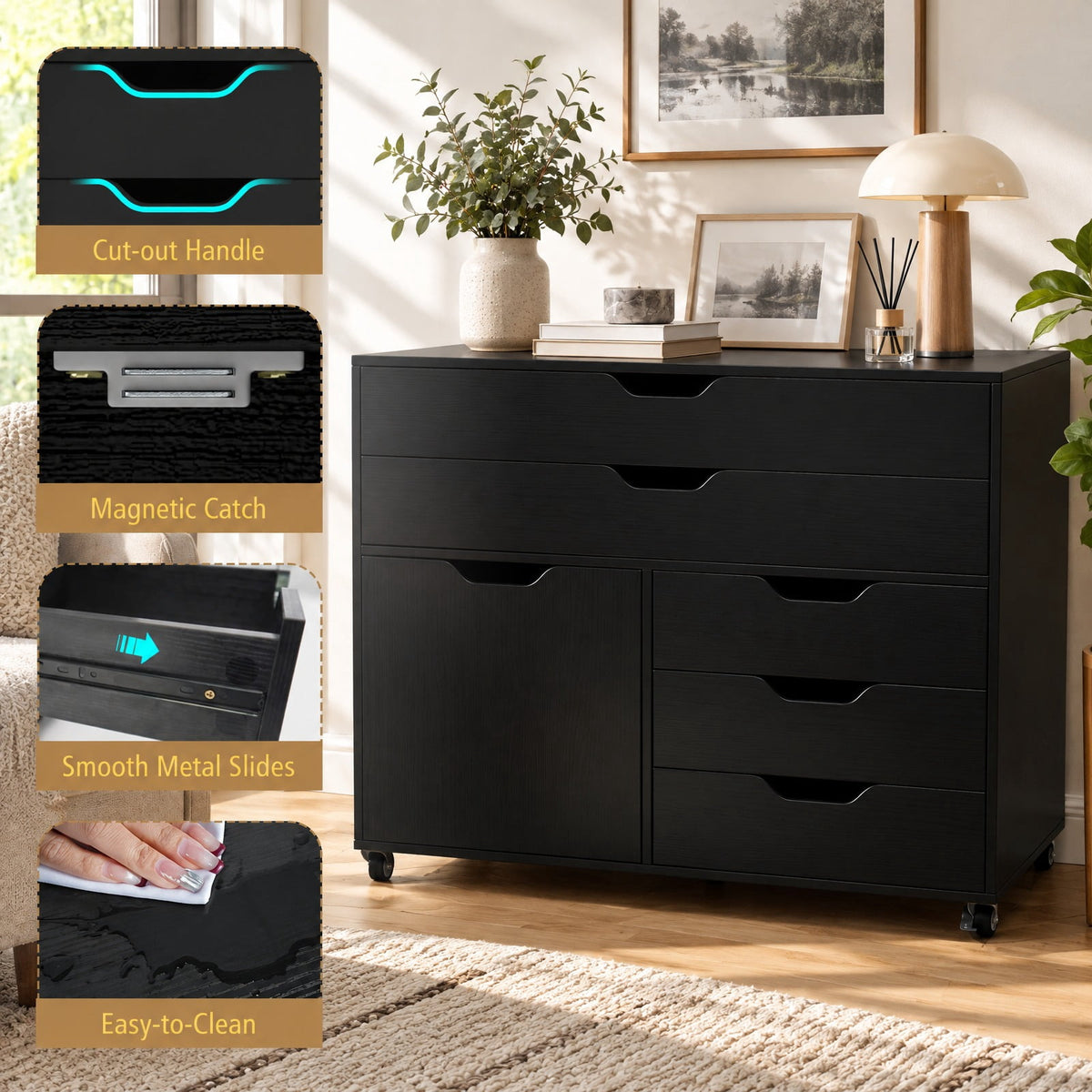 Airfind Modern Vertical 5-Drawer Mobile Chest with Door 5 Casters, 220 lbs Capacity, Engineered Wood MDF Metal Frame, 30.5in x 16in x 25in Footprint