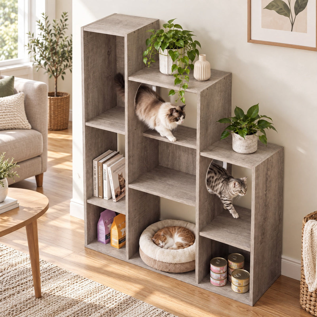 Airfind Modern Cat Bookshelf Cat Tree 8-Section Storage Cabinet with 2 Round Holes, 22 lbs Capacity, Engineered Wood Frame, Gray