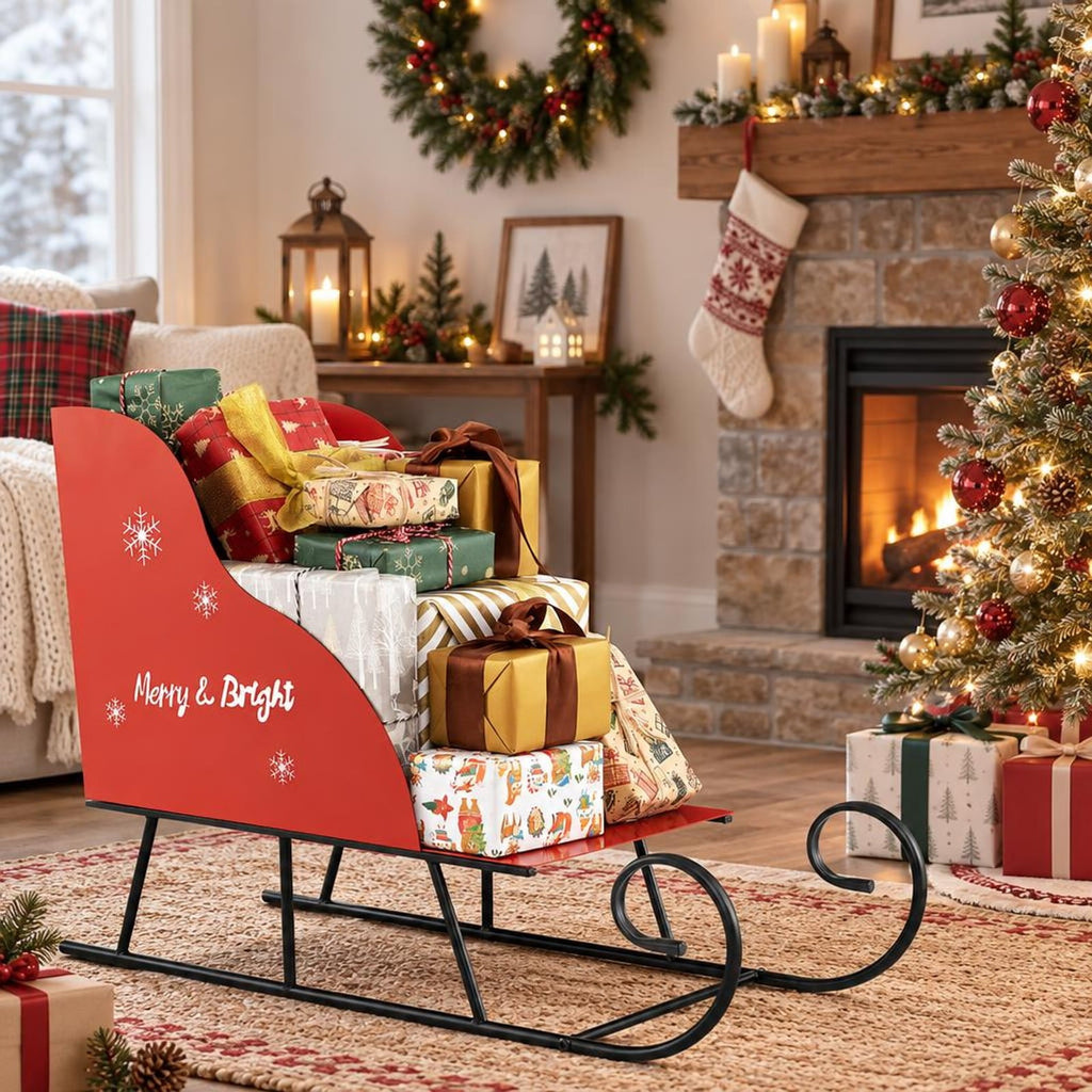 Airfind Metal Christmas Santa Sleigh Basket Xmas Santas Gift Storage Sleigh, 33 lbs Capacity, Metal Frame, 29in x 12.5in x 20in Footprint, Red and Black