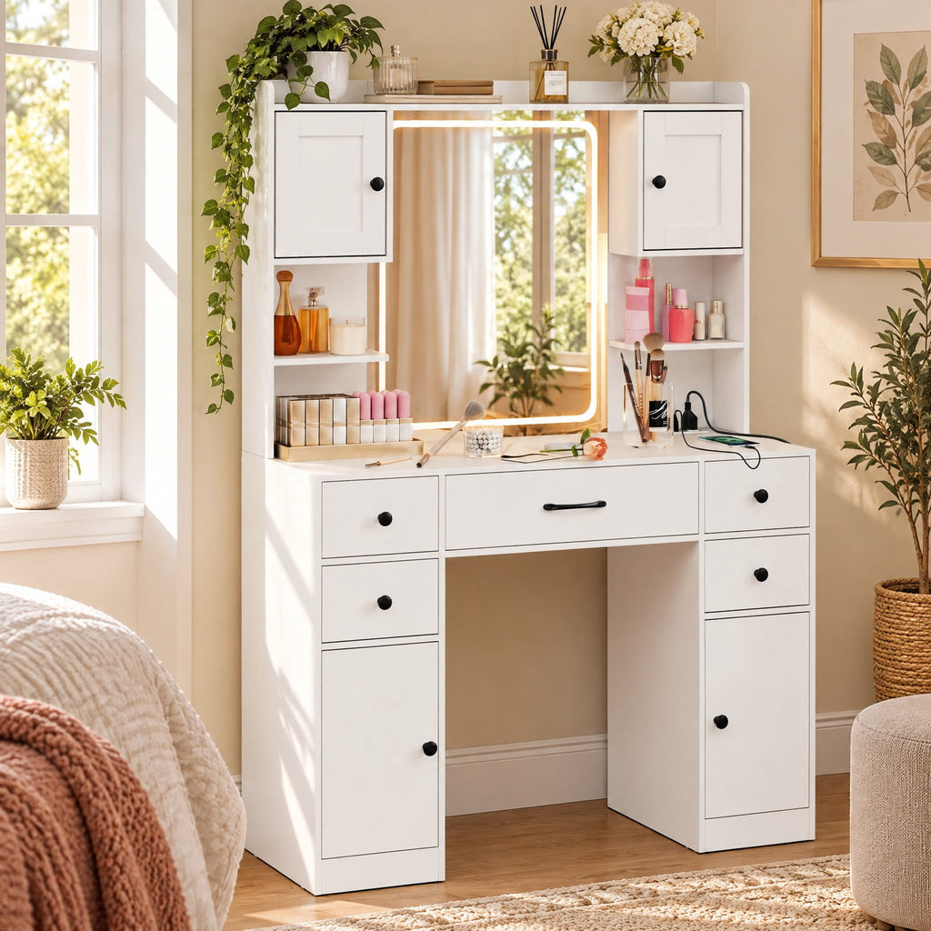 Airfind Makeup Vanity Desk with Lighted Mirror and Charging Station, 110 lbs Capacity, Engineered Wood Frame, 41.5 Inch x 16 Inch x 59 Inch Footprint, White