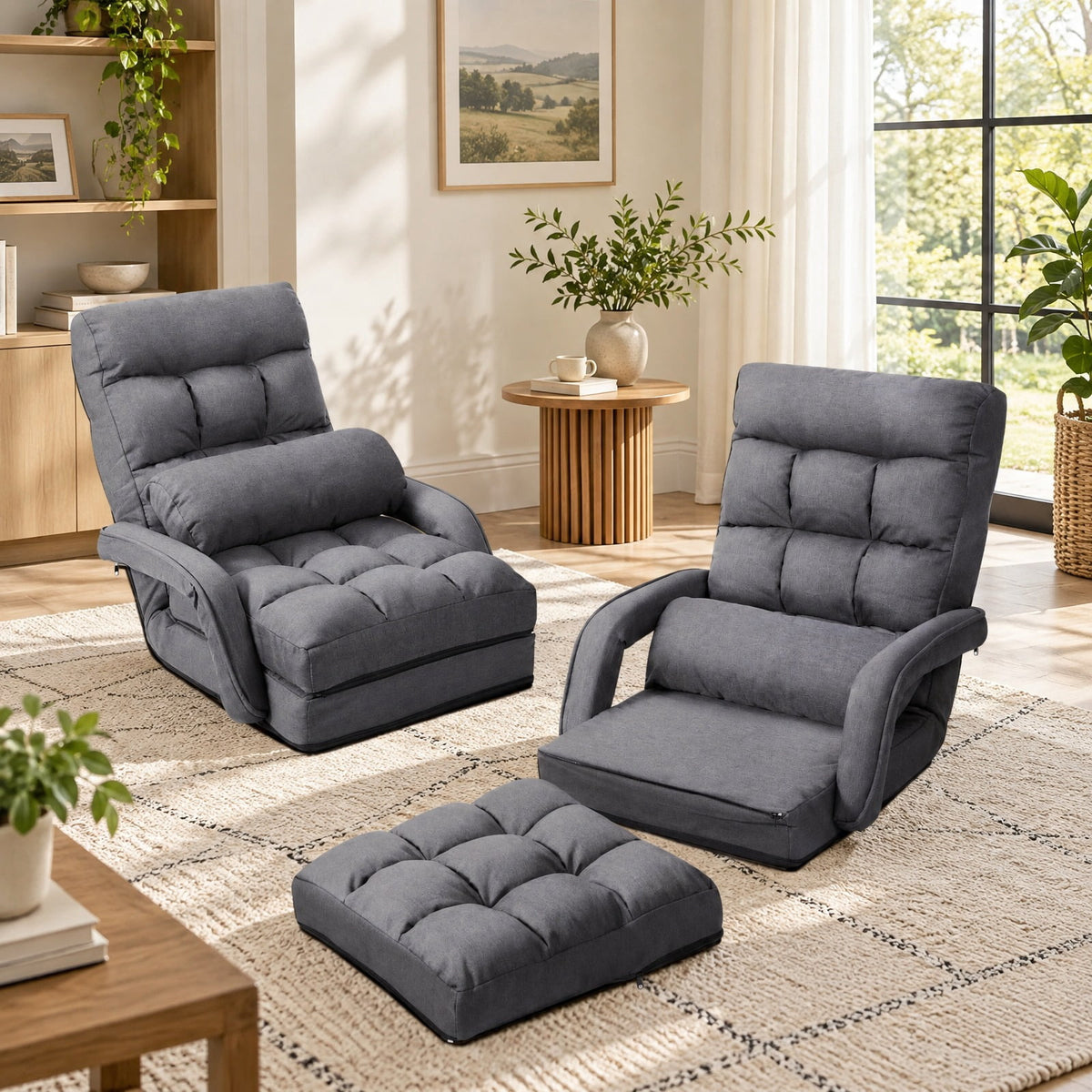 Airfind Folding Lazy Floor Chair Sofa with Armrests and Pillow, Linen-like cloth steel sponge Frame, 22in x 26in x 29in Footprint, Gray