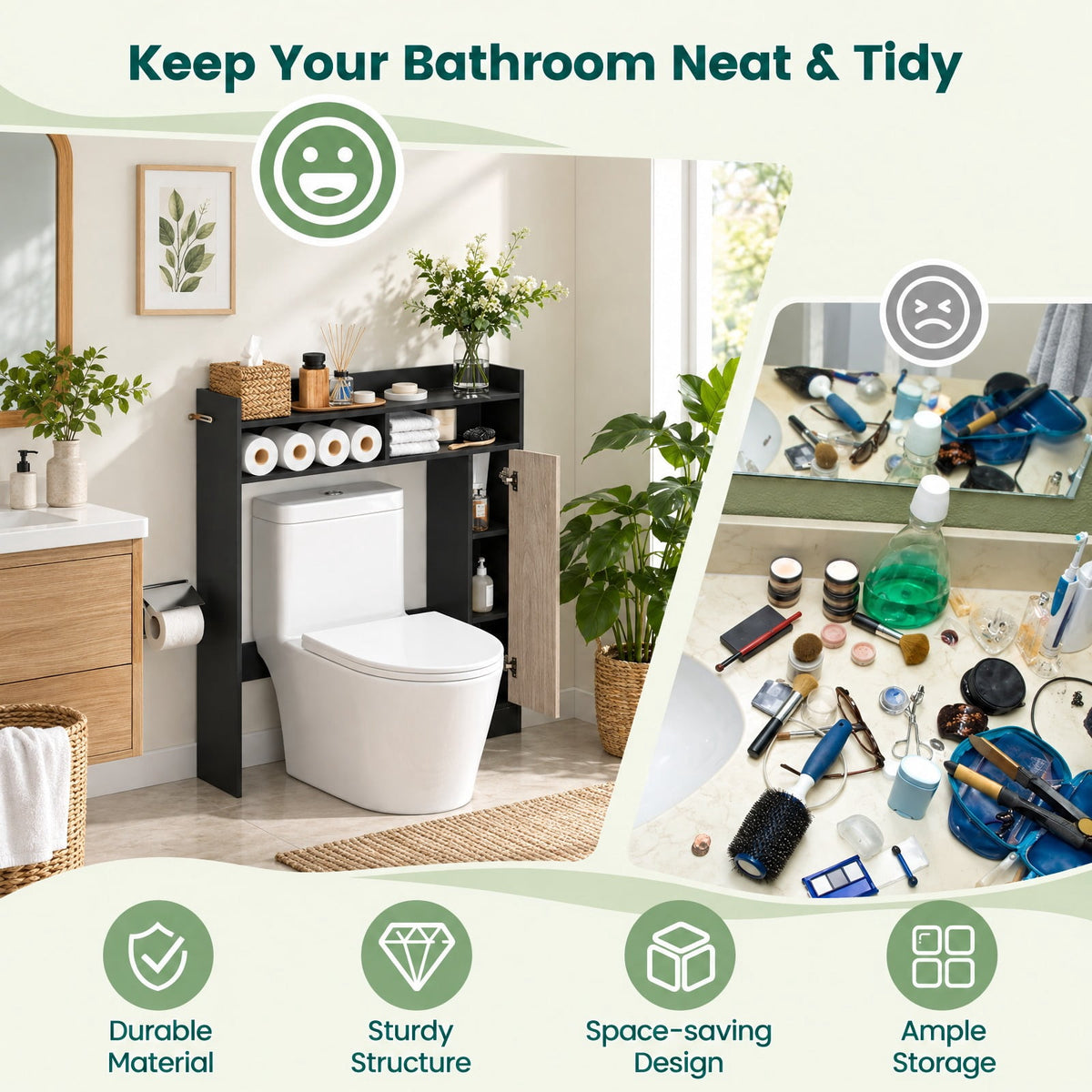 Airfind Bathroom Over the Toilet Floor Storage Organizer with Adjustable Shelves, 100 lbs Capacity, MDF Engineered Wood Frame, Black