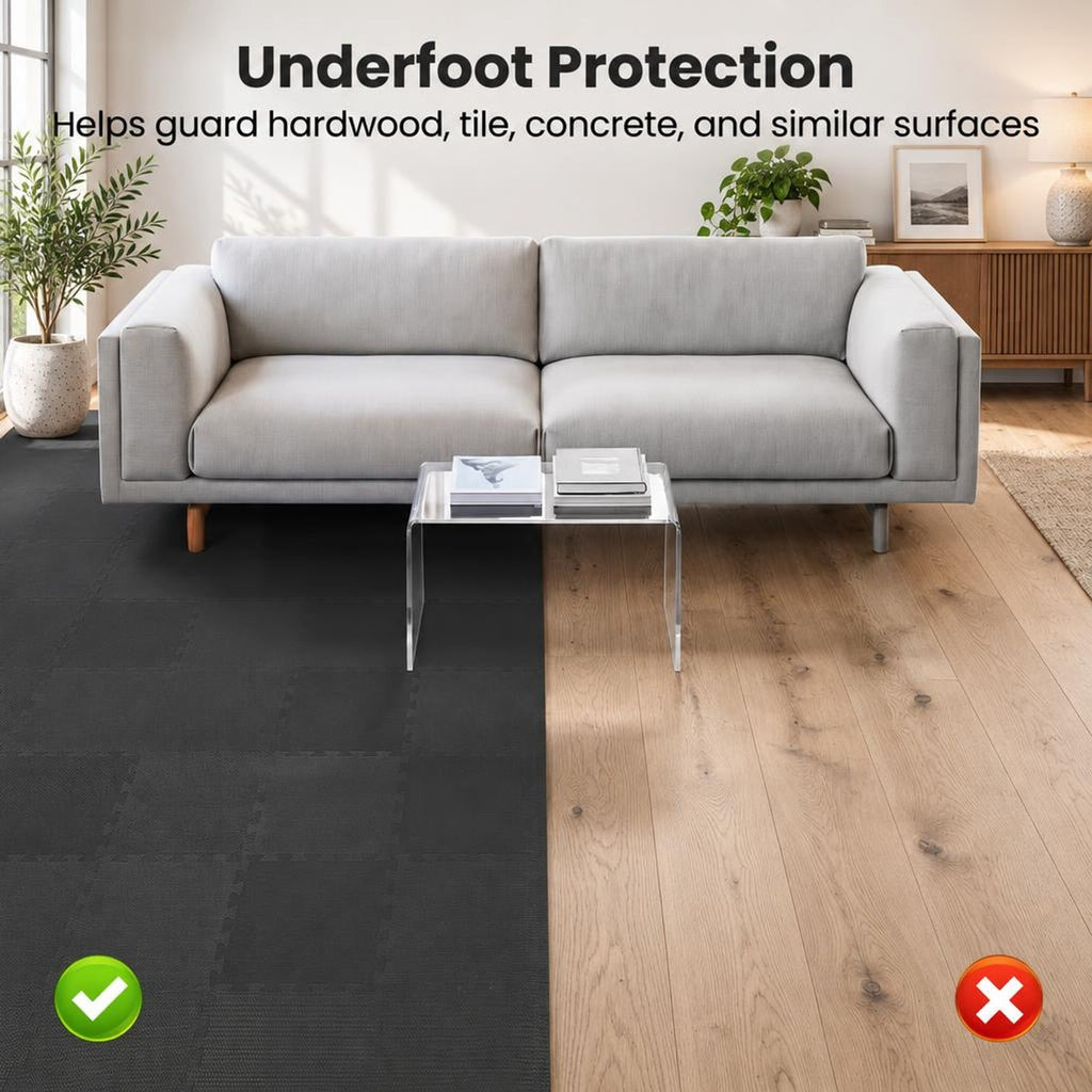 Airfind 18 Pack Interlocking EVA Foam Floor Tiles with Boarders, EVA Foam Frame, 72 Inch x 37 Inch x 0.4 Inch Footprint, Black