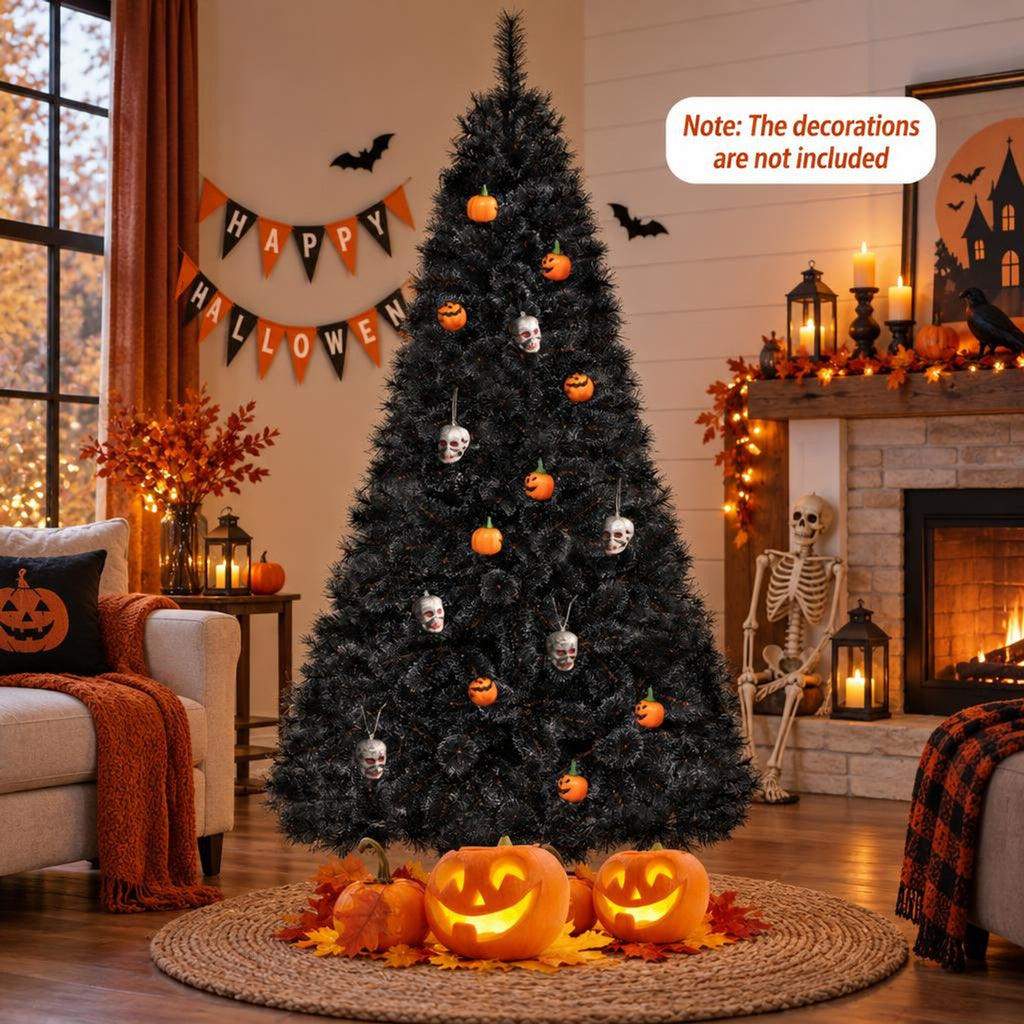 Airfind 6/7/8 Feet Black Artificial Halloween Christmas Tree with PVC Branch Tips and 210/320/450 Cool White LED Lights, Black