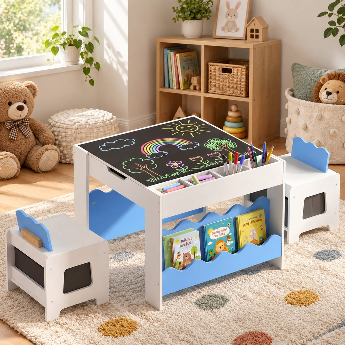 Airfind Multi-purpose Activity Kids Table and Chairs Set with Double-sided Tabletop, 55 lbs Capacity, MDF Frame, 26 Inch x 25 Inch x 19 Inch Footprint, Blue