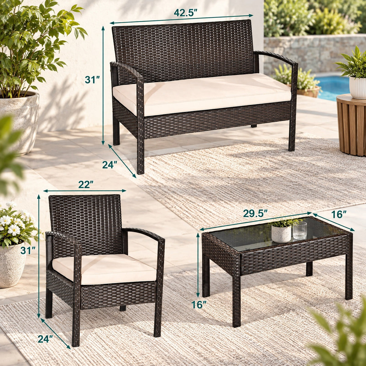 Airfind 4 Pieces Patio Rattan Conversation Set with Loveseat Sofas and Coffee Table, 710 lbs Capacity, PE Rattan Frame, Coffee