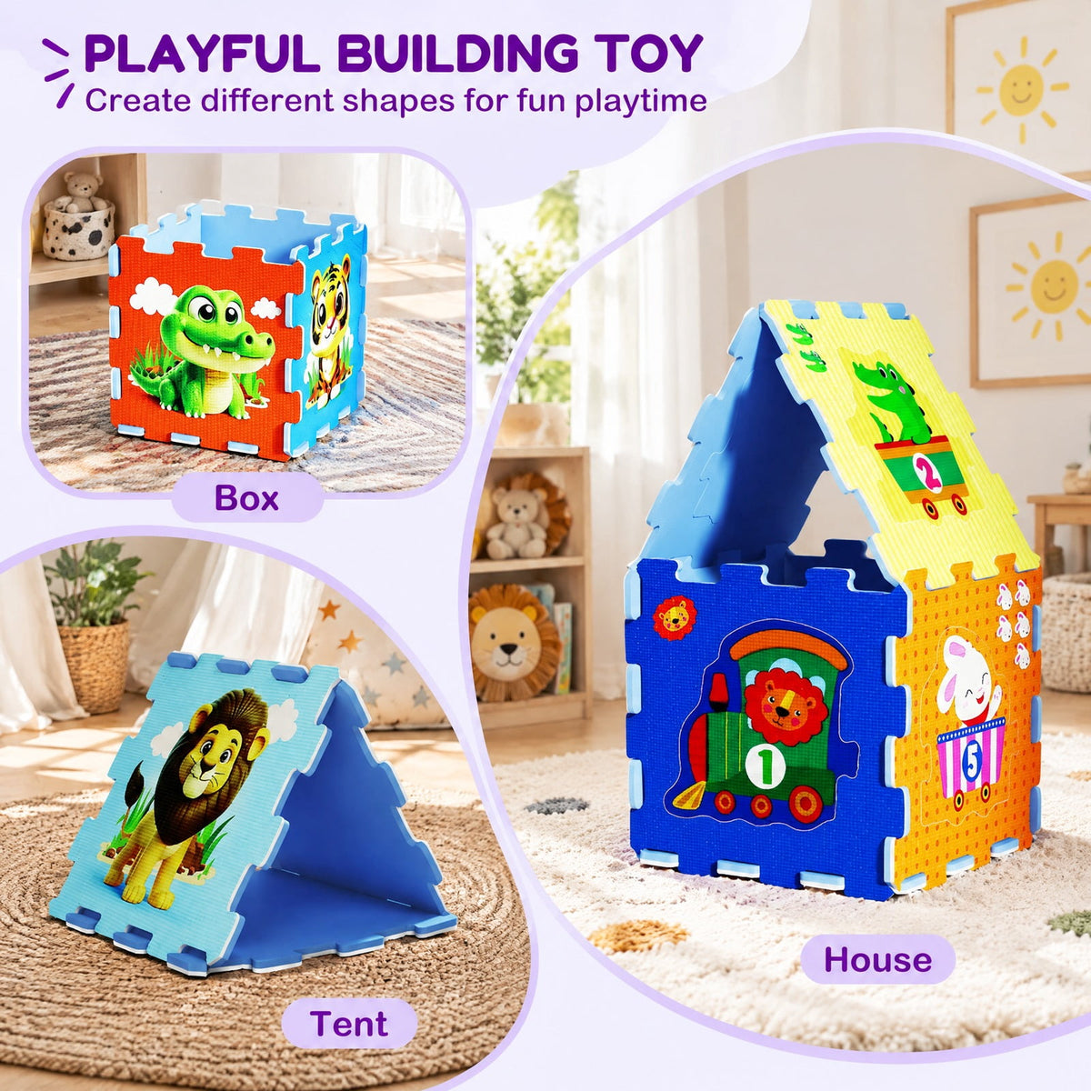 Airfind EVA Foam Baby Play Mat with 8 Interlocking Animal Shapes, Non-Slip Stackable Activity Floor Tiles for 10 Months and Up, Colorful