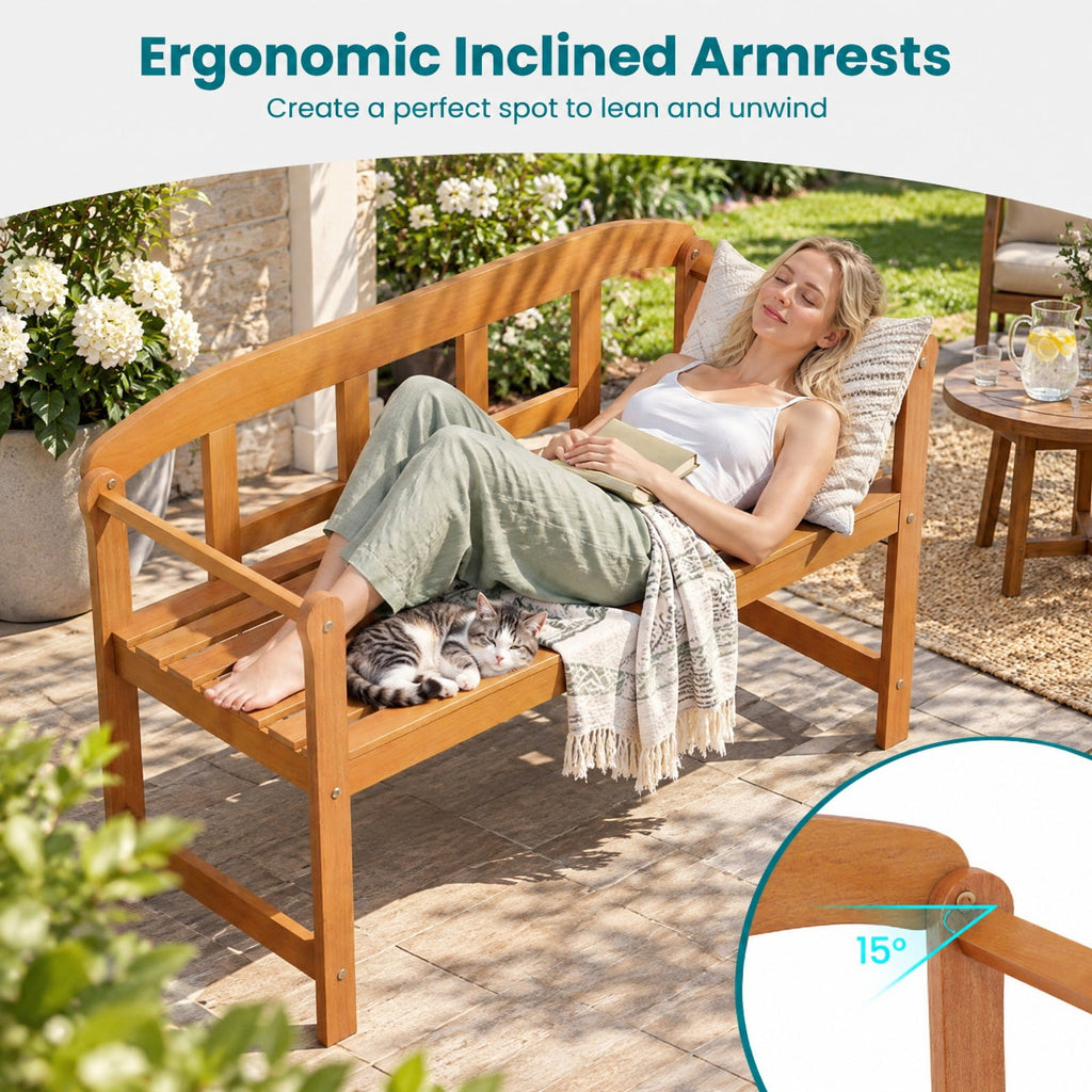 Airfind 2-Seater Outdoor Acacia Wood Garden Bench with Backrest Armrests, 800 lbs Capacity, Acacia Wood Frame, Wood