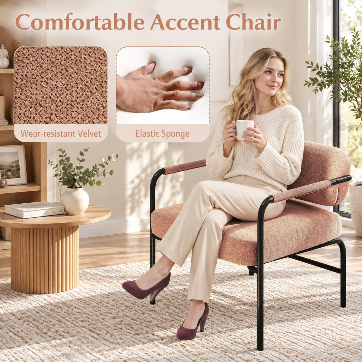 Airfind Velvet Upholstered Accent Chair with Cylindrical Backrest and Metal Armrests, 330 lbs Capacity, Velvet Metal Sponge Frame, Brown