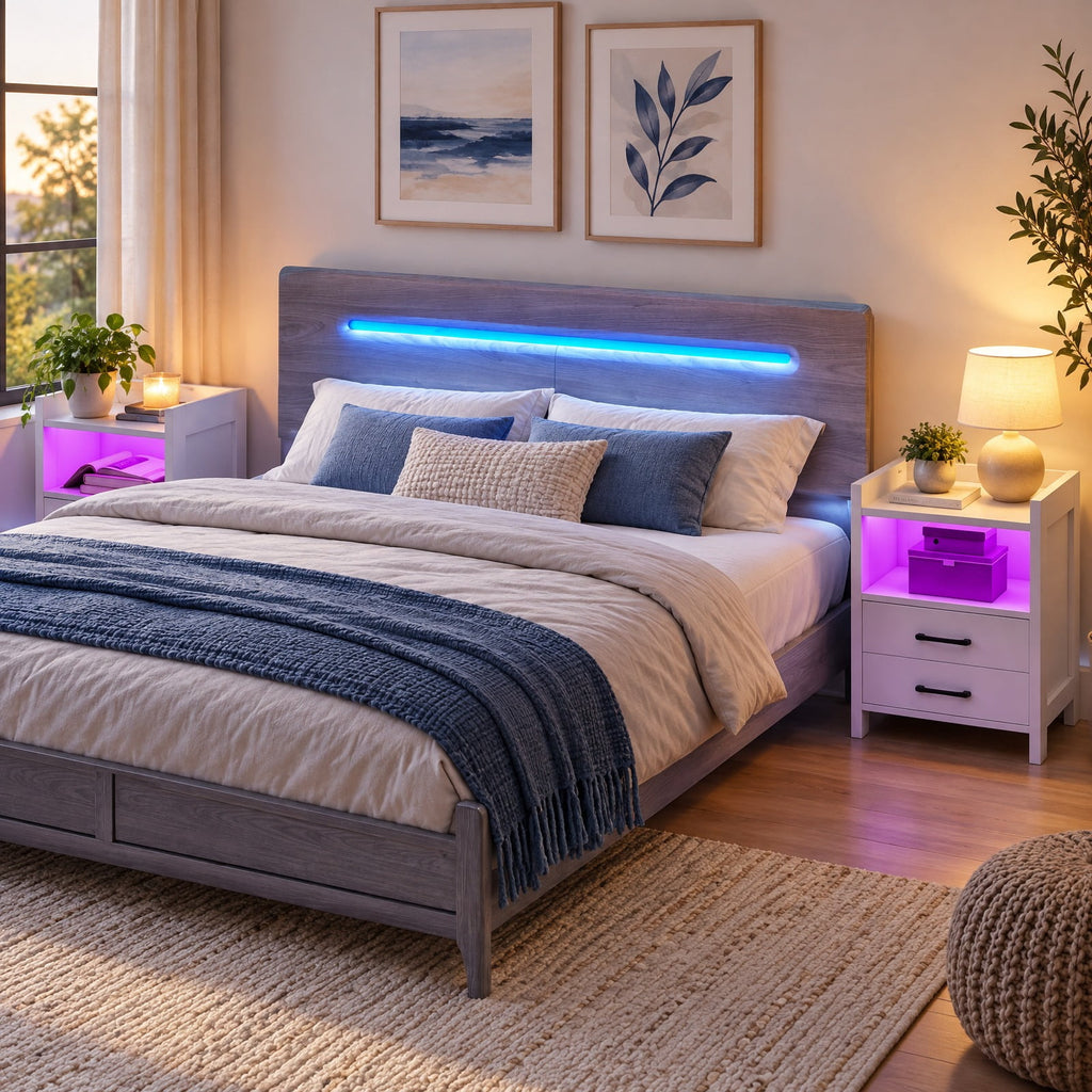 Airfind 23.5 Inches Nightstand with Charging Station and Open Storage Shelf, 15 lbs Capacity, Engineered Wood MDF Frame, 18 x 14 x 23.5 Footprint