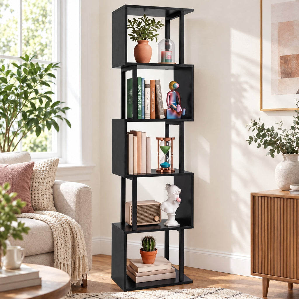 Airfind 5-Tier S-Shaped Bookshelf w/ Open Cubes Anti-toppling Kits for Living Room, 22 lbs Capacity, Engineered Wood Frame, Black