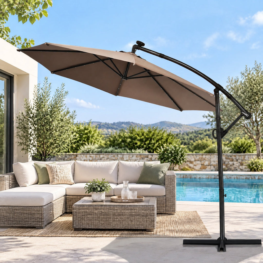 Airfind 10 ft 360° Rotation Solar Powered LED Patio Offset Umbrella without Weight Base, Steel aluminum polyester fabric Frame, 10 x 7.5 Footprint