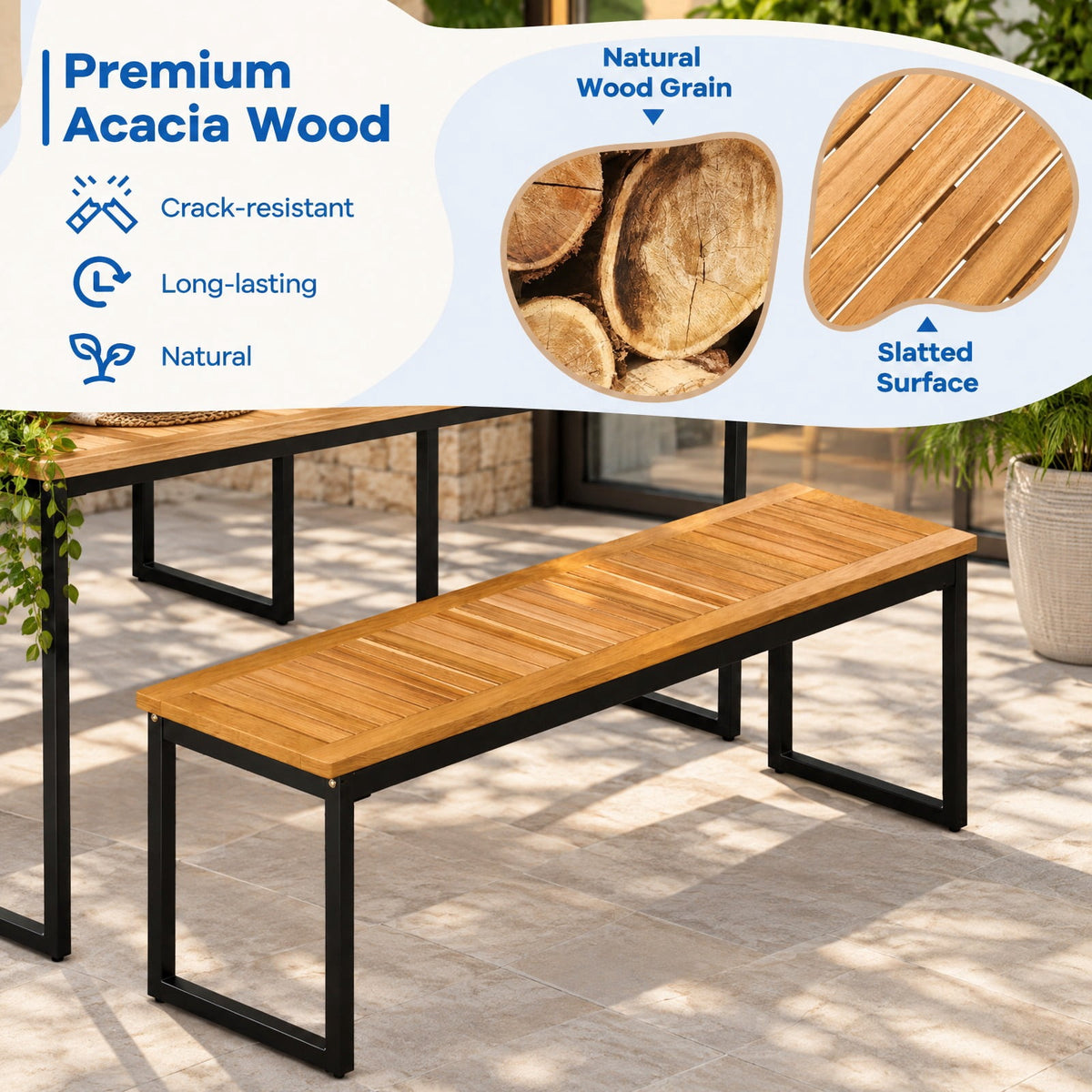 Airfind Patio Dining Bench Backless with Slatted Seat and Metal Legs, Acacia Wood Metal Frame, 51 x 14 x 16.5 Maximum Weight 800 lbs Footprint