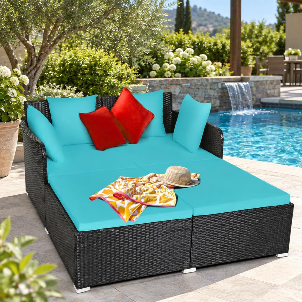 Airfind Spacious Outdoor Rattan Daybed with Upholstered Cushions and Pillows, 800 lbs Capacity, Rattan Steel Sponge Frame, Turquoise