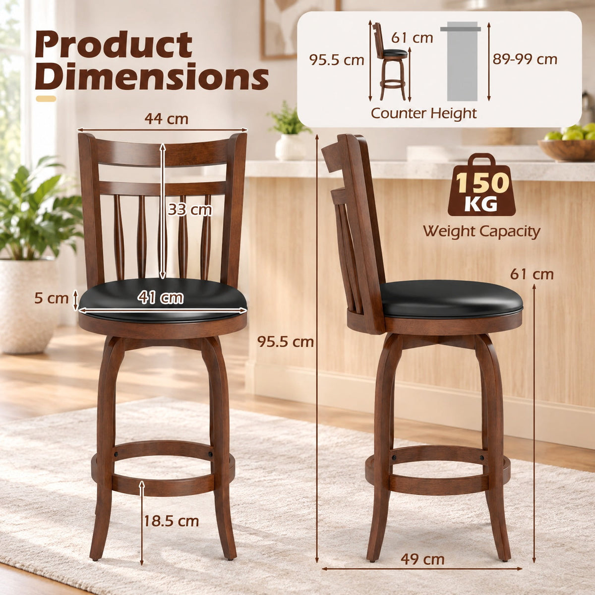 Airfind Swivel Bar Stools Set of 2 Counter Height Faux Leather Upholstered Barstools-24 Inches, 330 lbs Capacity, Expresso and Black