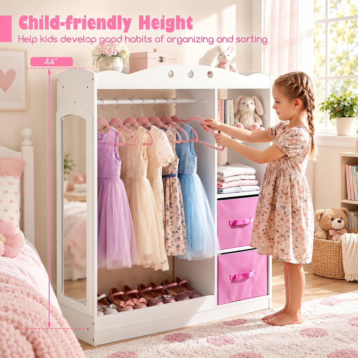Airfind Kids Dress Up Storage with Full Length Mirror and Open Shelves, Engineered Wood Frame, for 3+ Years Old, 35.5in x 12in x 44in Footprint, White