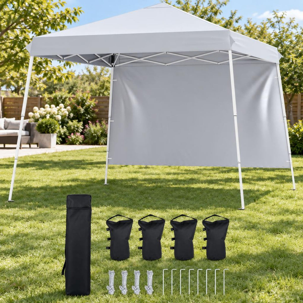 Airfind 9 ft x 9 ft Pop Up Canopy Tent with 8 Ground Stakes 4 Wind Ropes and Carry Bag for Outdoor Party, Metal Oxford Cloth PP Frame, White