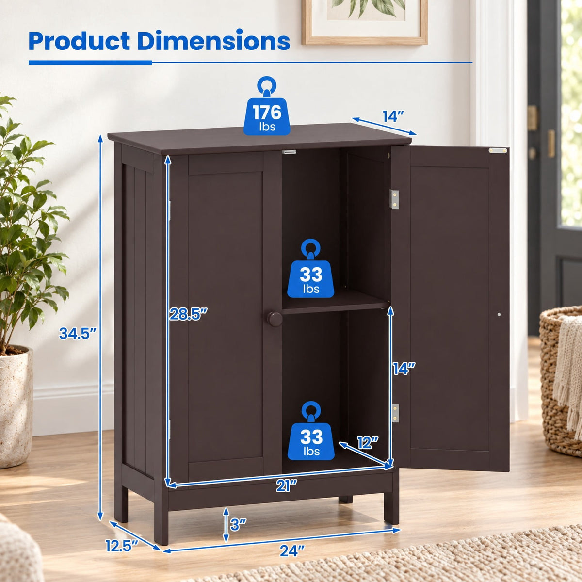 Airfind Bathroom Floor Storage Double Door Cupboard Cabinet, 22 lbs Capacity, MDF Frame, 24in x 14in x 34.5in Footprint, Brown