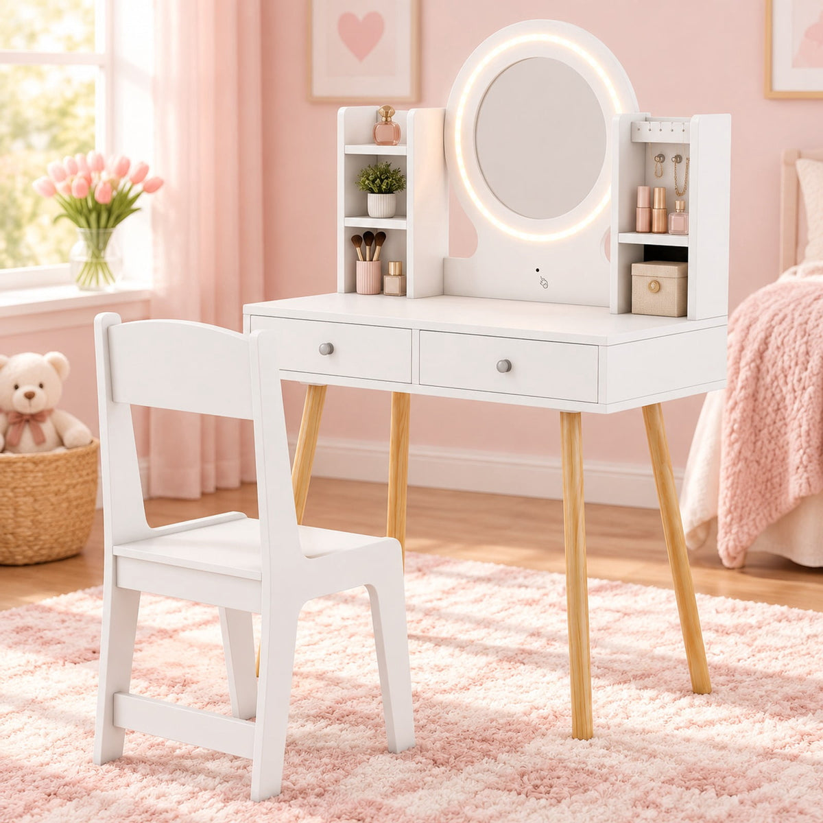 Airfind Kids Vanity Set with Lighted Mirror and Storage Drawers, 110 lbs Capacity, Engineered Wood Frame, for 3+ years old, White