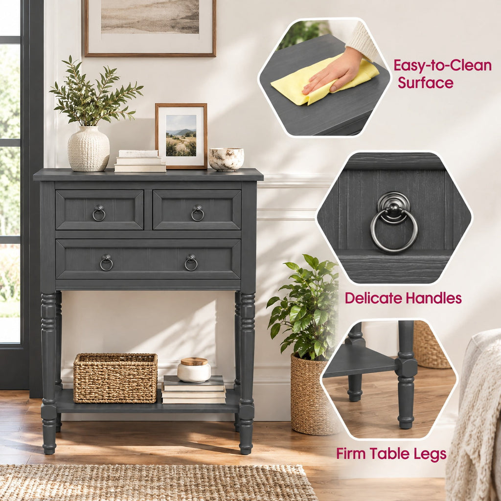 Airfind Narrow Console Table with 3 Storage Drawers and Open Bottom Shelf, 154 lbs Capacity, MDF Rubber wood Acacia Wood Frame, Gray