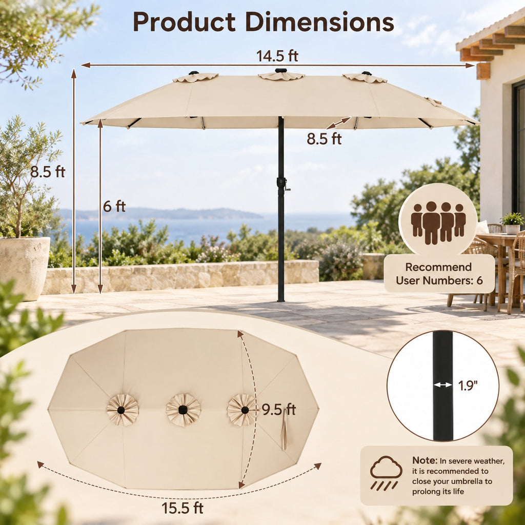 Airfind 15.5FT Extra-Large Patio Umbrella 12 Reinforced Metal Ribs, 180G Polyester Fabric Metal External Frame, Beige