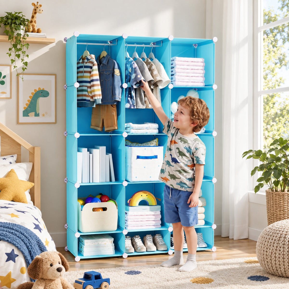 Airfind Modular Baby Wardrobe with 13 Cubes and Hanging Rod and Shelves Stackable, 6.5 lbs Capacity, PP Frame, 43 x 14 x 63 Footprint, Blue