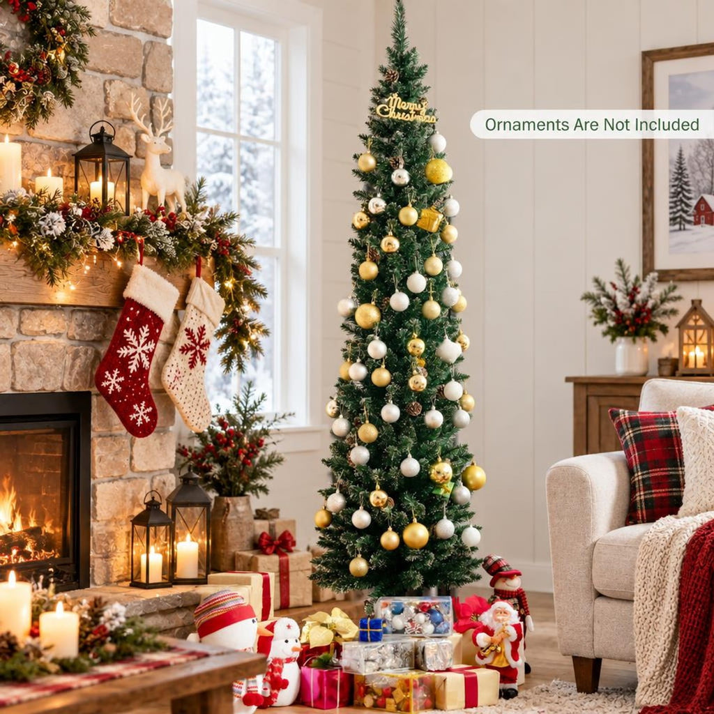 Airfind 7 Ft Pencil Christmas Tree featuring Snowy PVC Branches, 351 Tips, 41 Pine Cones and Foldable Metal Stand for Holiday Decor, Green