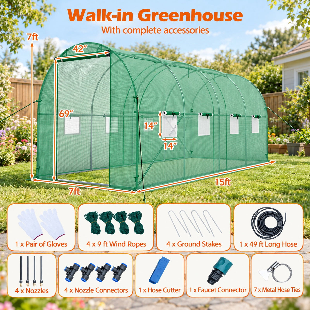 Airfind 15 x 7 x 7 ft Walk-in Tunnel Greenhouse with Watering System, Galvanized Steel Frame, 15 x 7 x 7 ft Footprint, Green