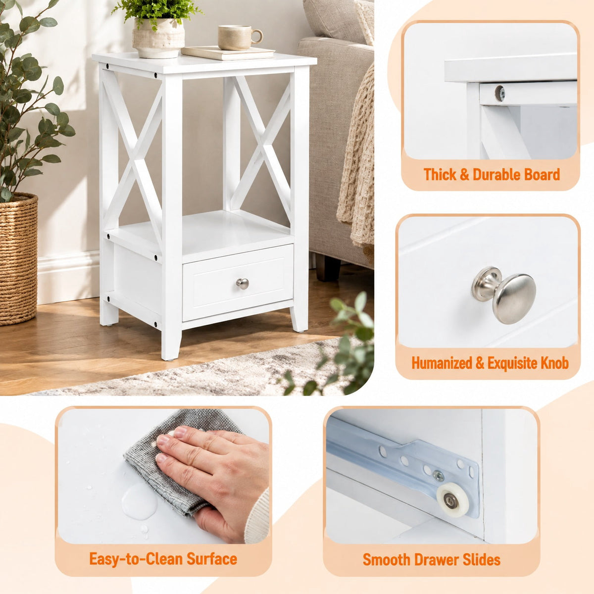 Airfind 2-Tier 16 x 14 Inch Multifunctional Nightstand with Storage Drawer, 66 lbs Capacity, MDF Frame, 16in x 12in x 24in (L x W x H) Drawer Footprint