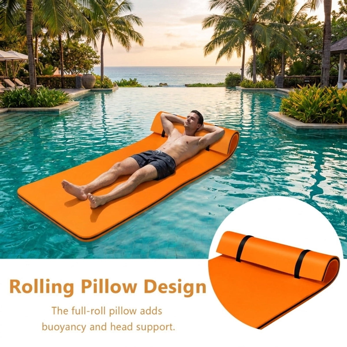 Airfind Triple-Layer Lake Float Pad with Roll-Up Storage, Orange