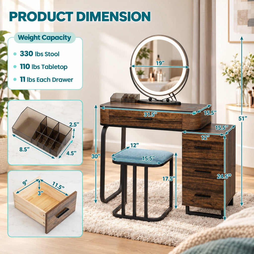 Airfind Vanity Table Set with 3-Color Lighted Mirror and Charging Station, 330 lbs Capacity, MDF Frame, 31.5inx 15.5inx 51in Footprint, Brown