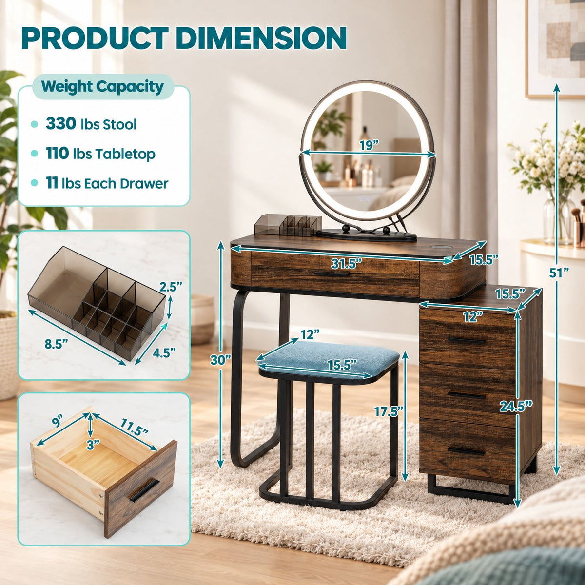 Airfind Vanity Table Set with 3-Color Lighted Mirror and Charging Station, 330 lbs Capacity, MDF Frame, 31.5inx 15.5inx 51in Footprint, Brown