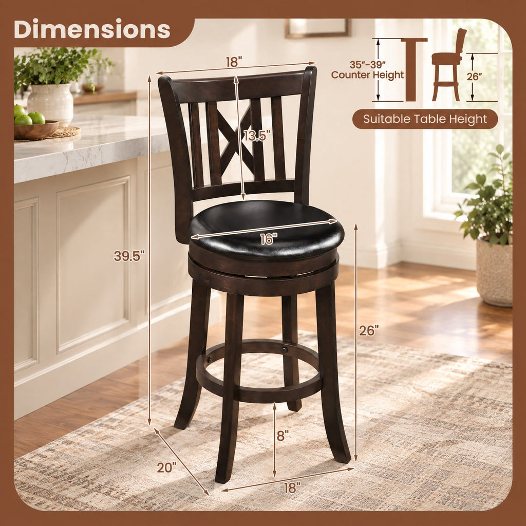 Airfind Set of 2 Bar Stools Swivel Bar Chairs with Hollowed Backrest and Footrest-26 inches, 275 lbs Capacity, 20 Inch x 18 Inch x 39.5 Inch Footprint