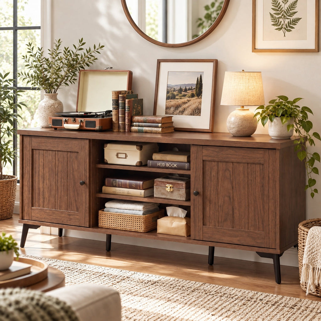 Airfind 2-Door TV Stand for TVs up to 65 Inch Mid Century Modern Entertainment Center, 176 lbs Capacity, Engineered Wood Metal Frame, Brown