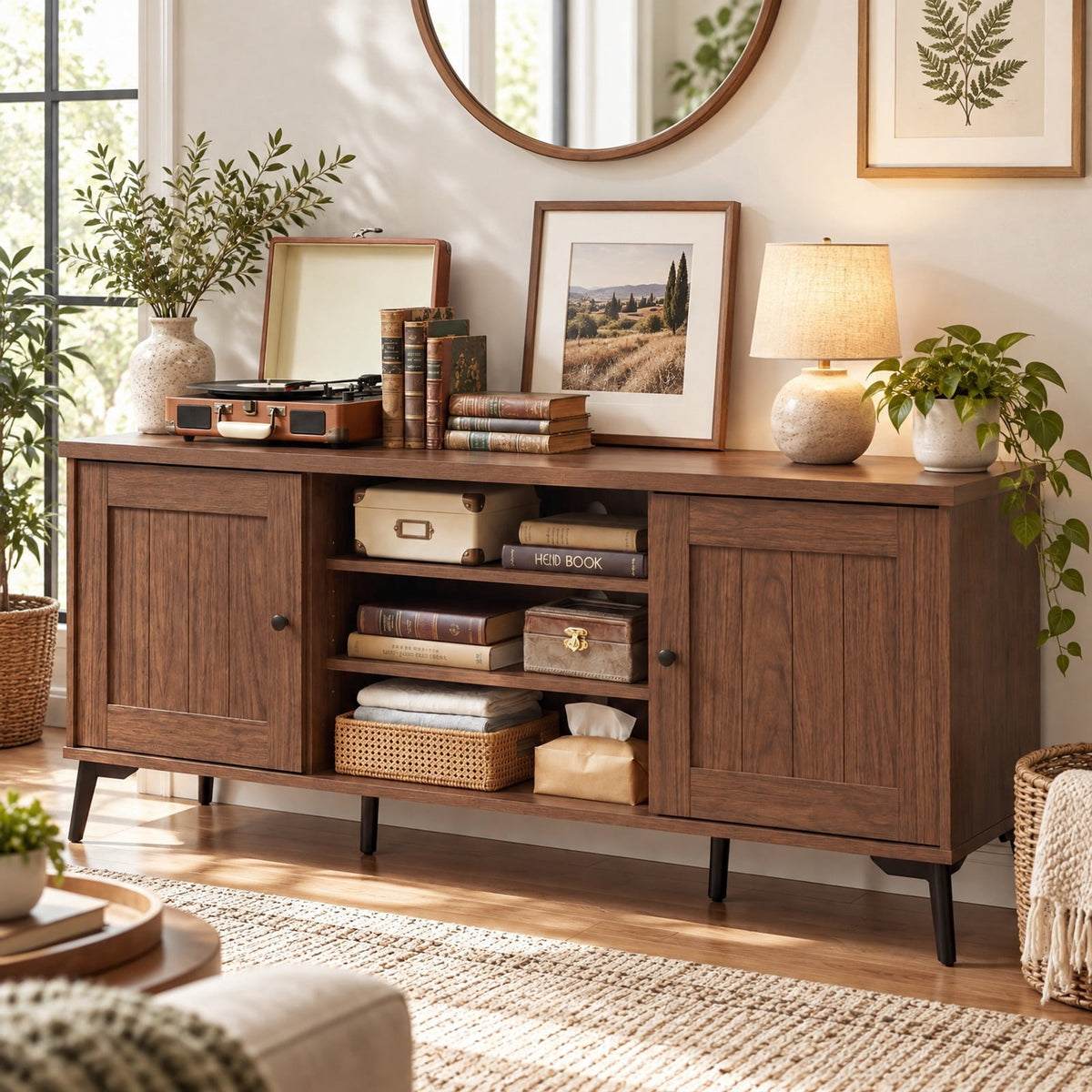 Airfind 2-Door TV Stand for TVs up to 65 Inch Mid Century Modern Entertainment Center, 176 lbs Capacity, Engineered Wood Metal Frame, Brown