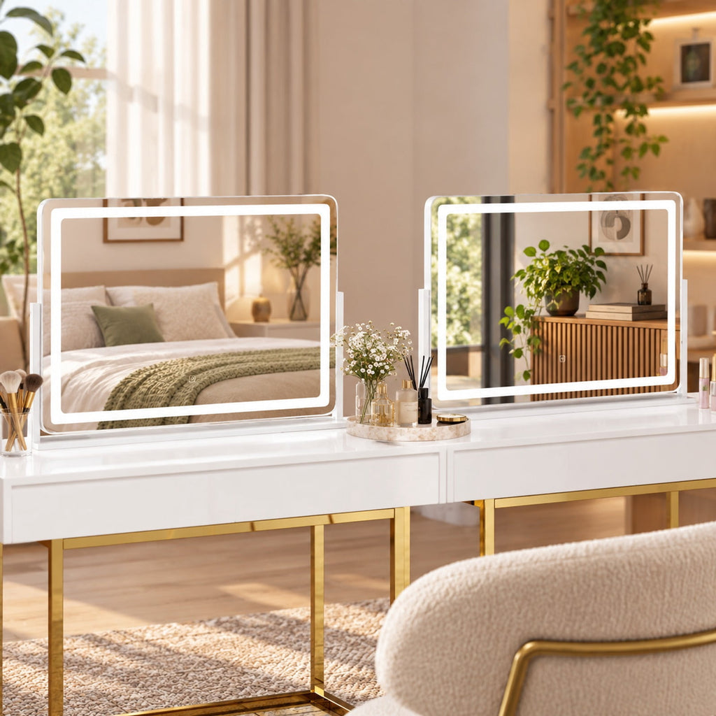 Airfind 32 x 22 Inch Large Makeup Vanity Mirror with 3-Color Lighting Mode, Copper-free Silver Mirror Aluminum Metal MDF Frame, White