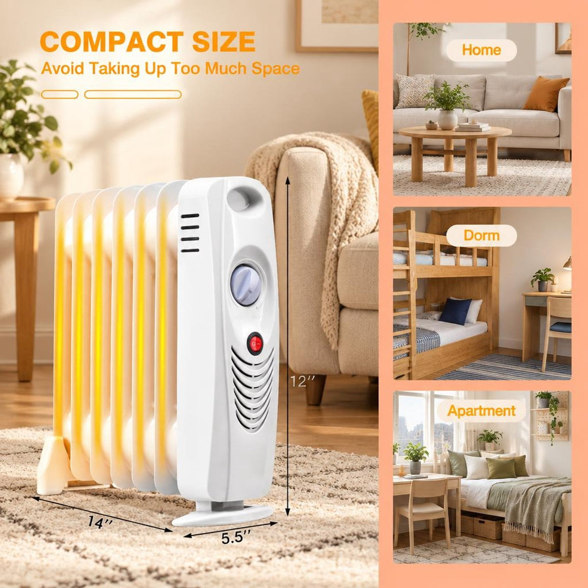 Airfind 700 W Portable Mini Electric Oil, 5.5 x 12 x 14 Footprint, White, Overall dimension 5.5 x 12 x 14